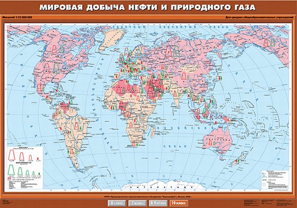 Карта "Мировая добыча нефти и природного газа" 10 кл.