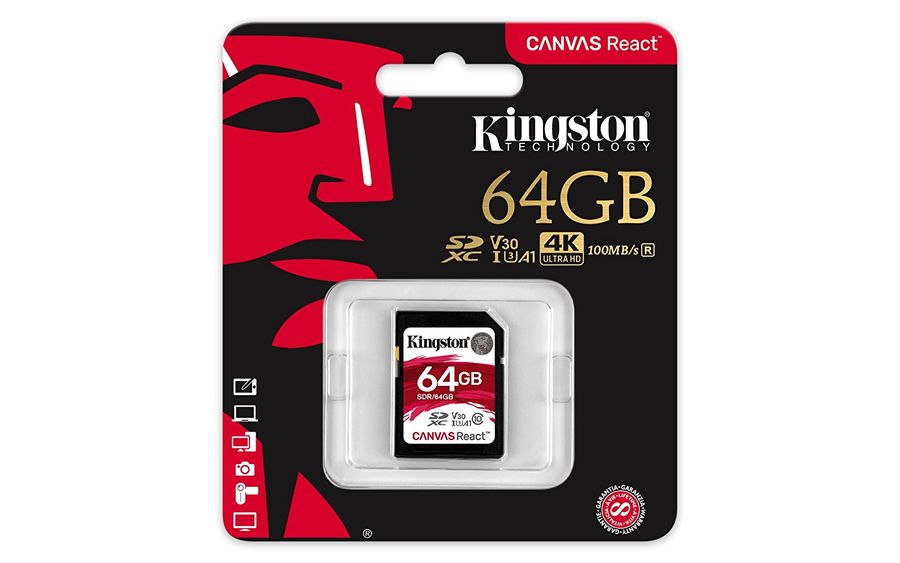 Карта памяти SDXC UHS-I U3 KINGSTON Canvas React 64 ГБ, 100 МБ/с, 100X, Class 10, SDR/64GB)